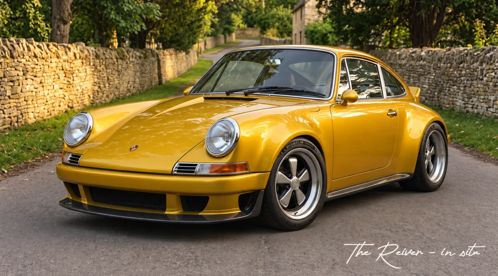 The Reiver air-cooled supercar in gold yellow, front three-quarter view